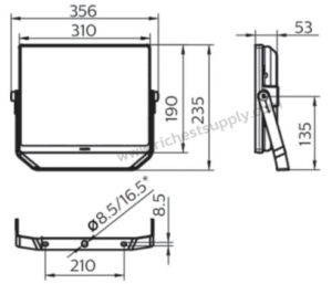 Dimensions สปอร์ตไลท์ LED 100W PHILIPS BVP174