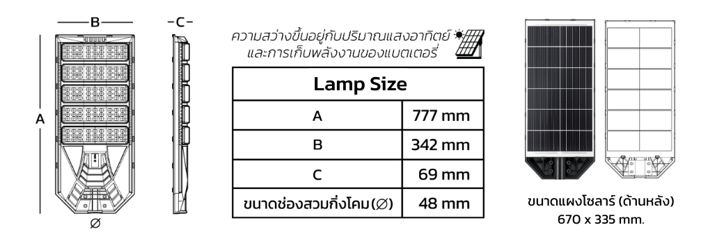 Dimension โคมไฟถนนโซล่าเซลล์ LED ENRICH VADER 1500WLED22W